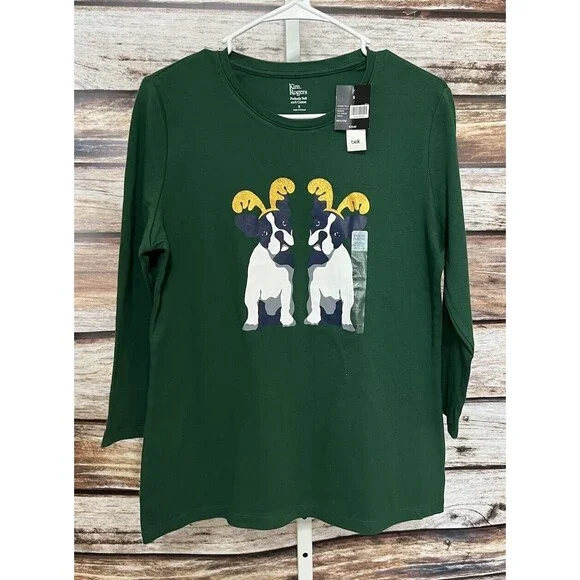 KIM ROGERS NWT Women's Christmas Boston Terrier With Antlers Top Green Small - Picture 4 of 9